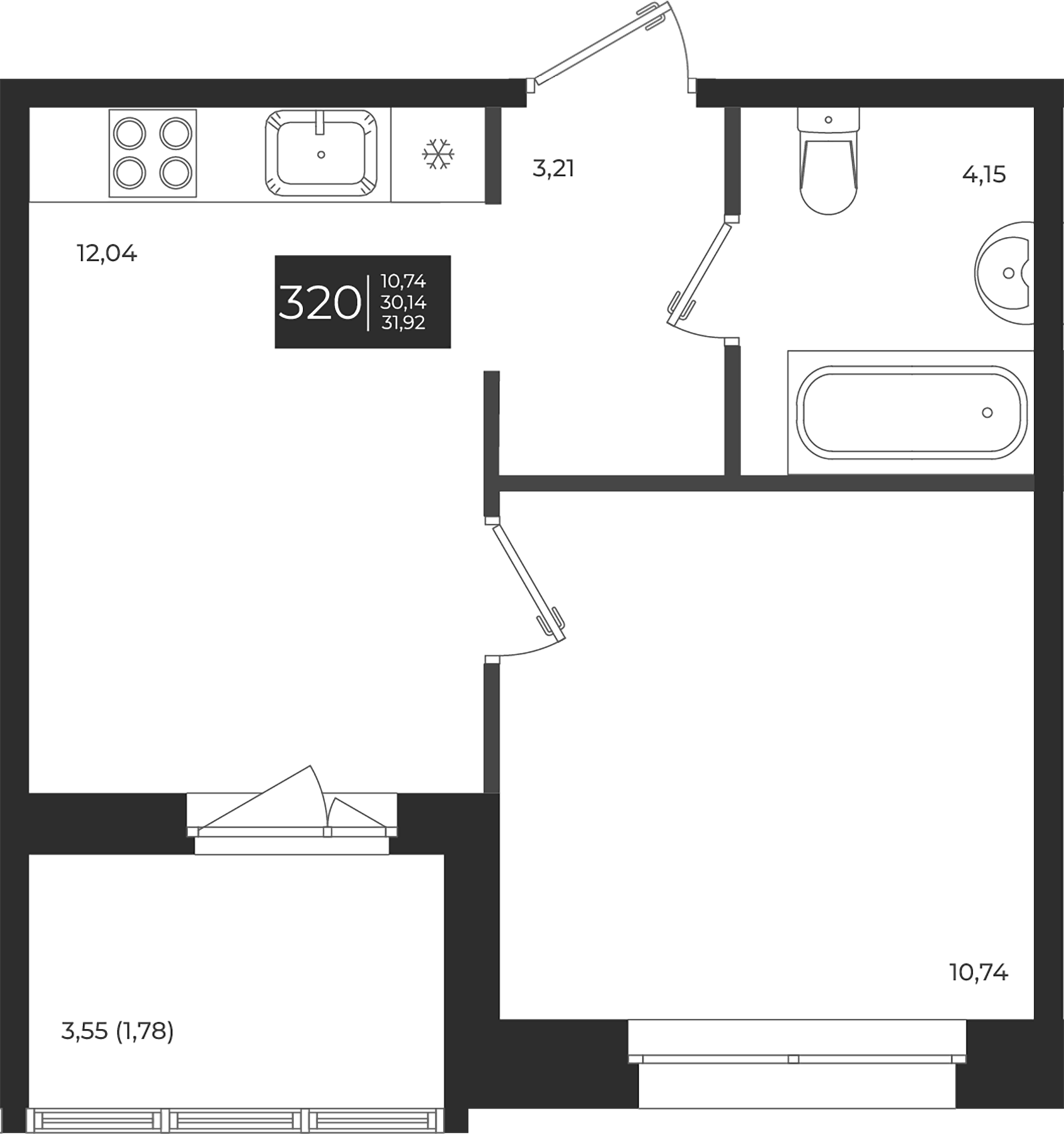 Планировка — Новатория, 1-комн., 30 м²