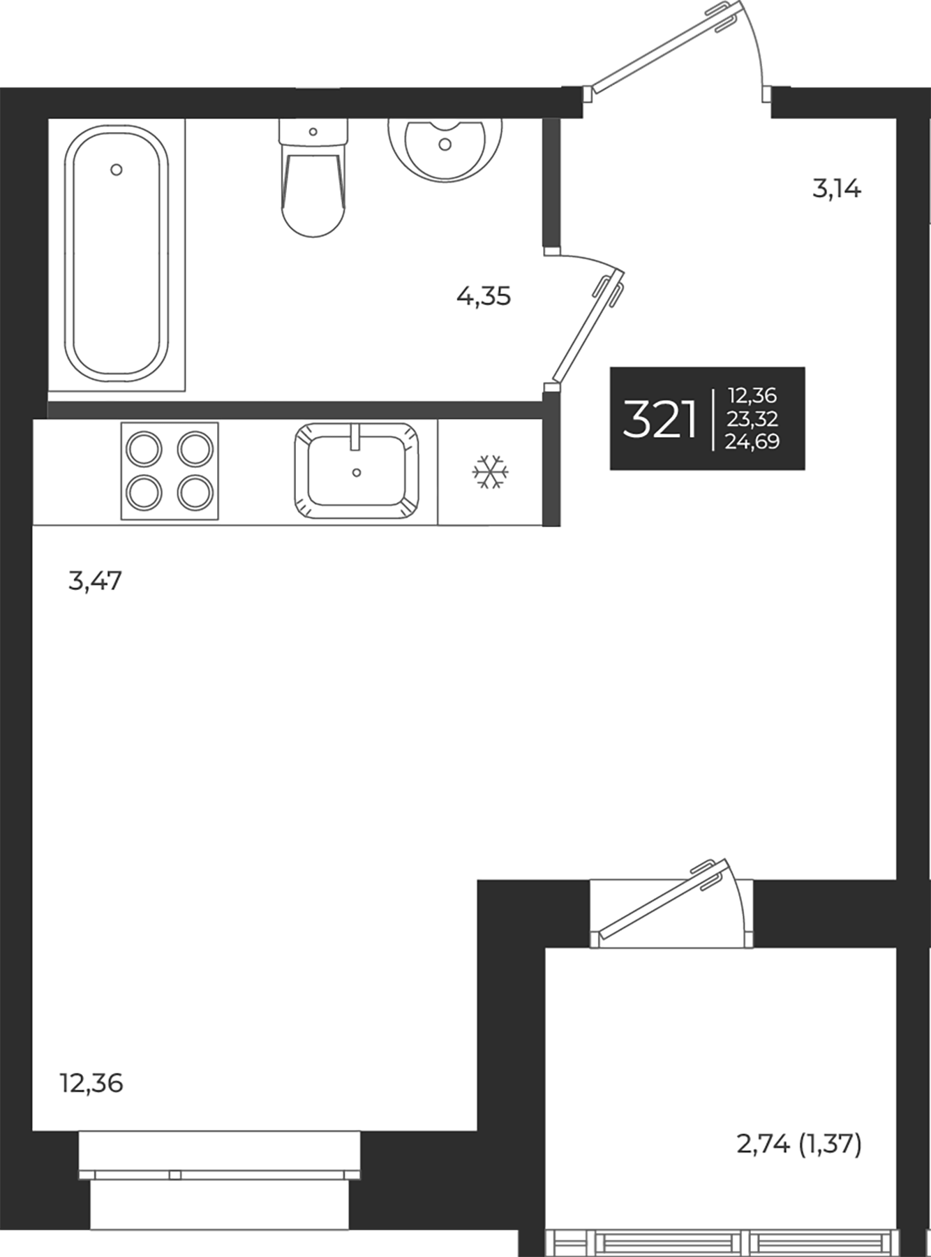 Планировка — Новатория, Студия, 23 м²