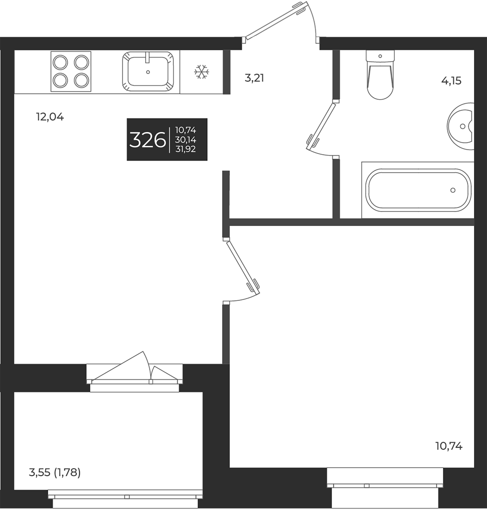 Планировка — Новатория, 1-комн., 30 м²