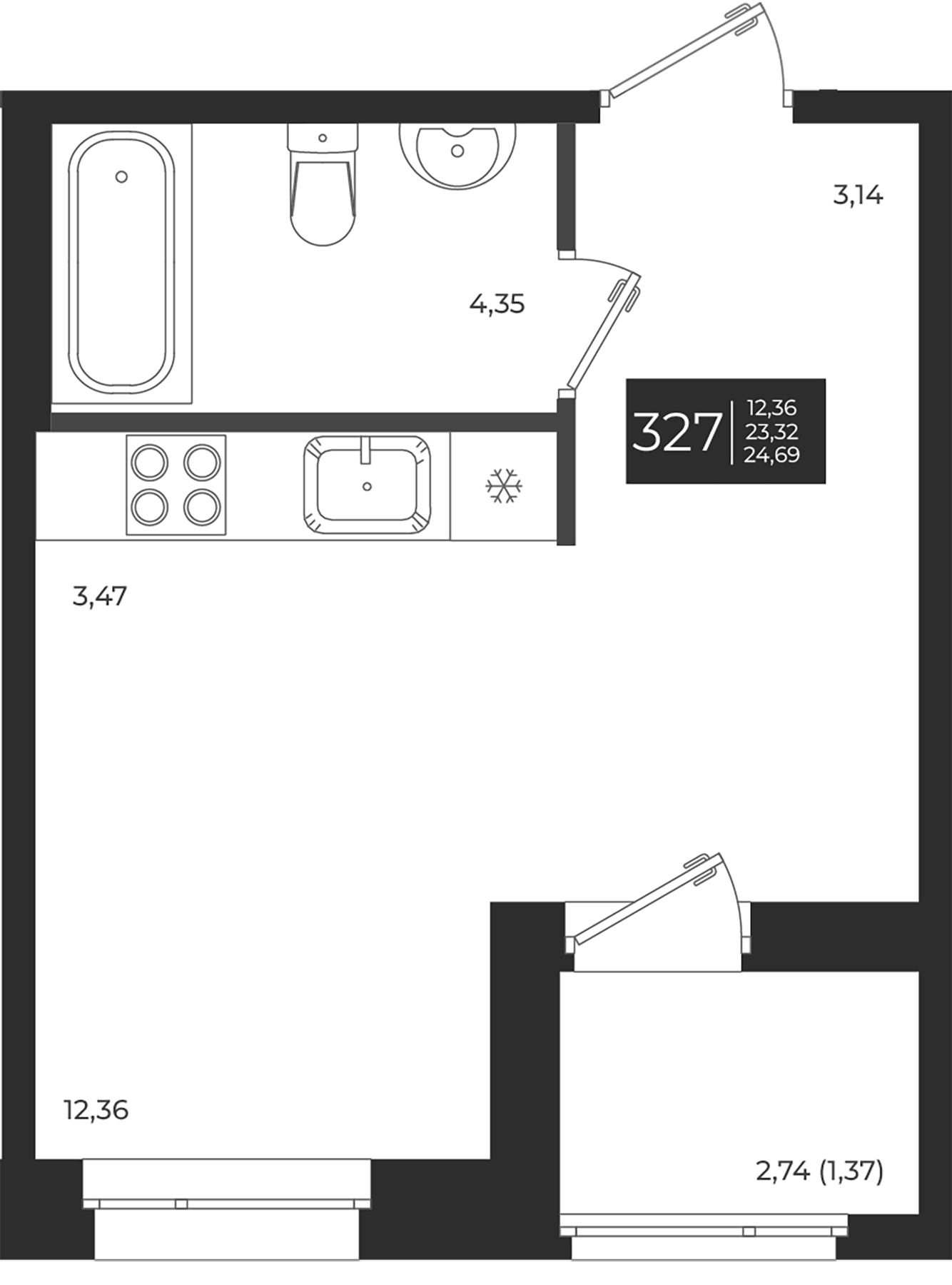 Планировка — Новатория, Студия, 23 м²