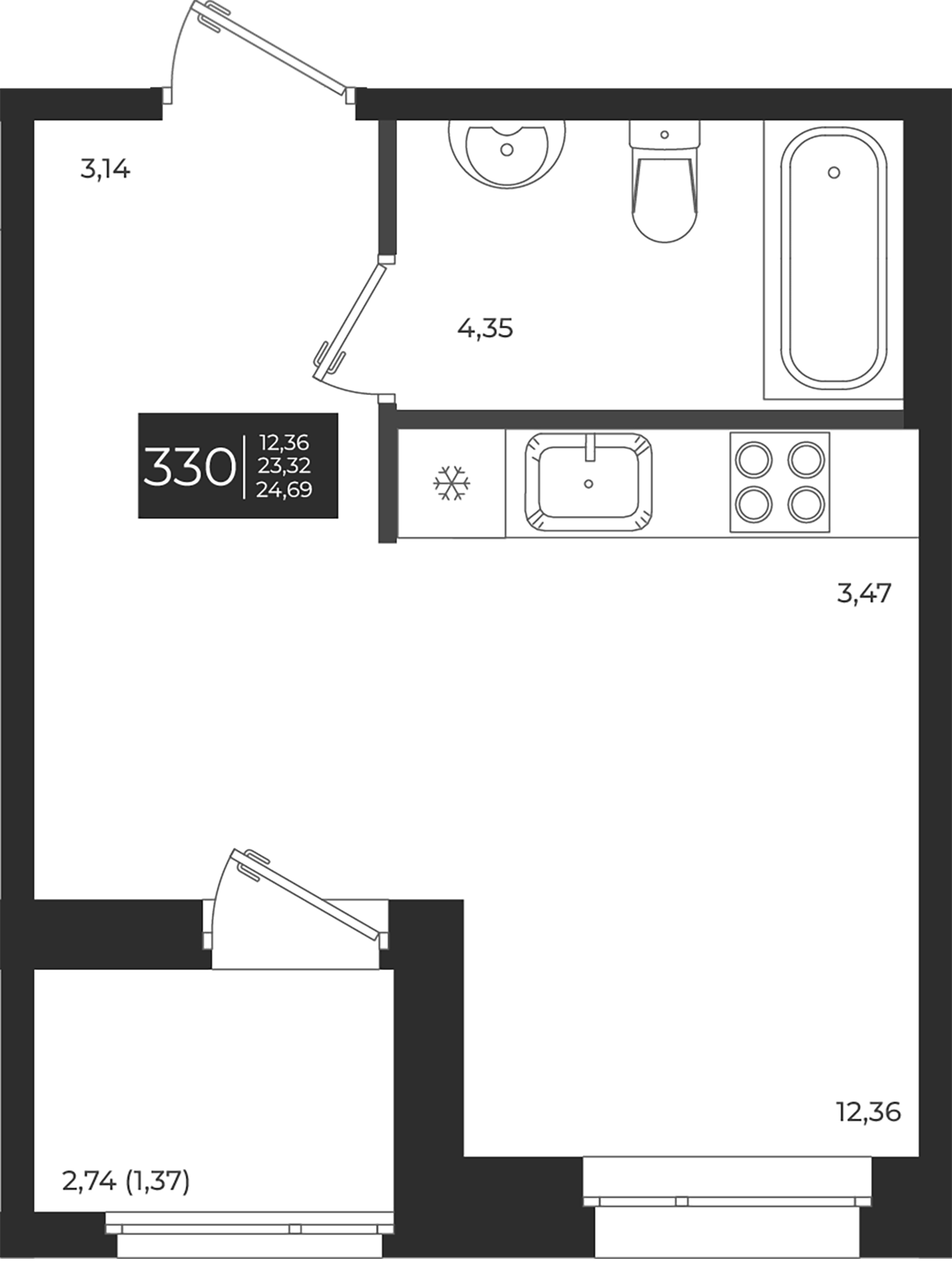 Планировка — Новатория, Студия, 23 м²
