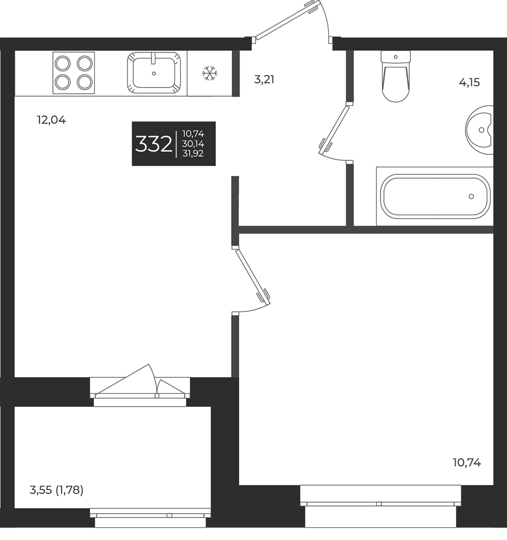 Планировка — Новатория, 1-комн., 30 м²