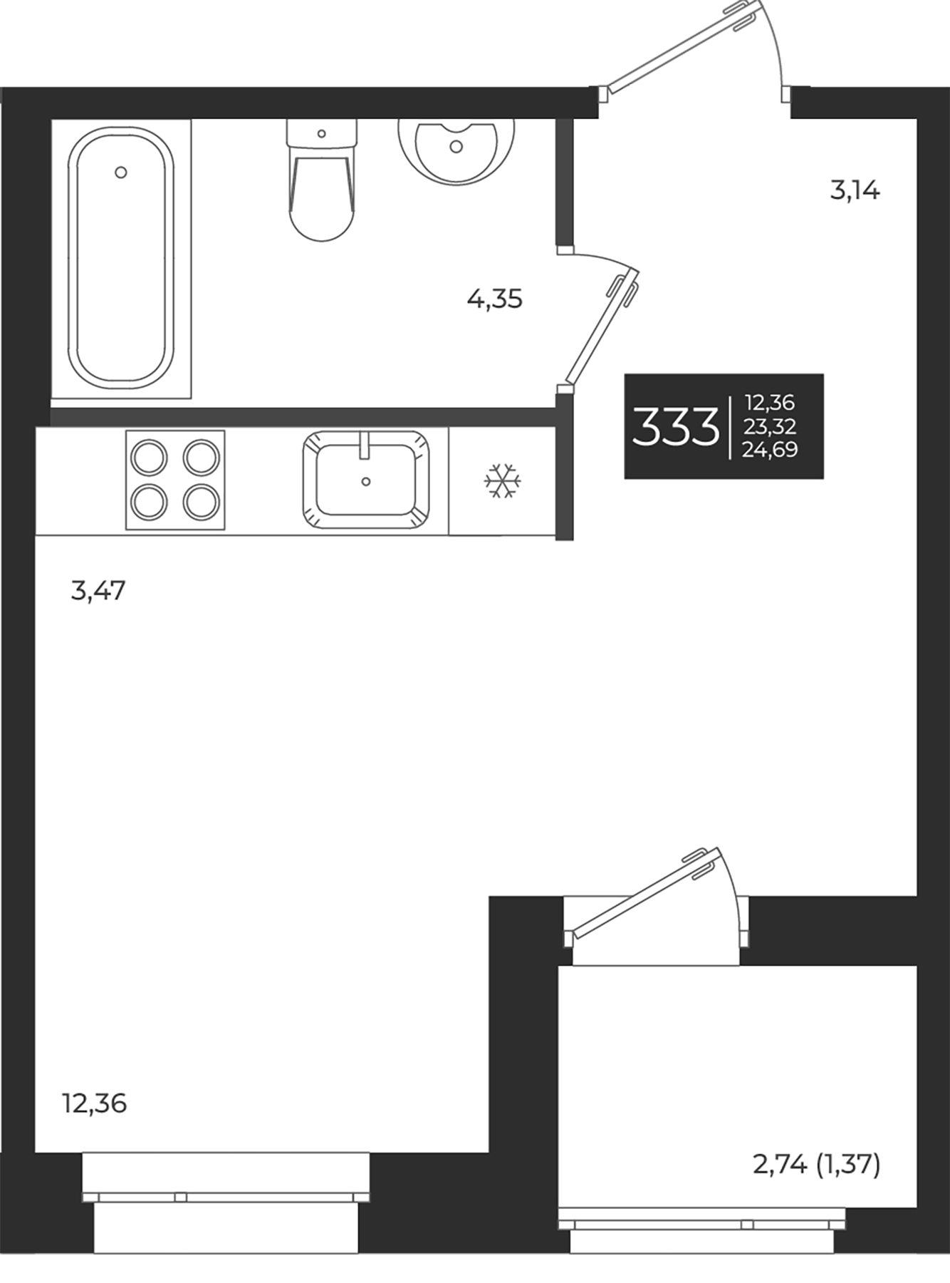Планировка — Новатория, Студия, 23 м²