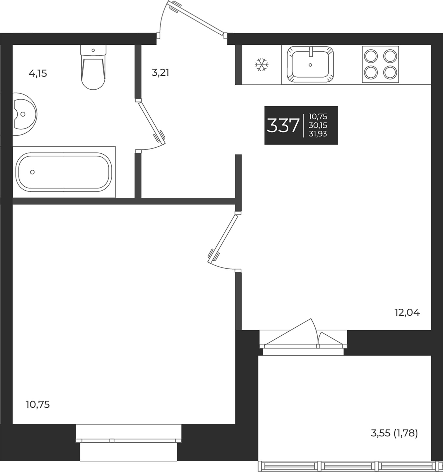 Планировка — Новатория, 1-комн., 30 м²