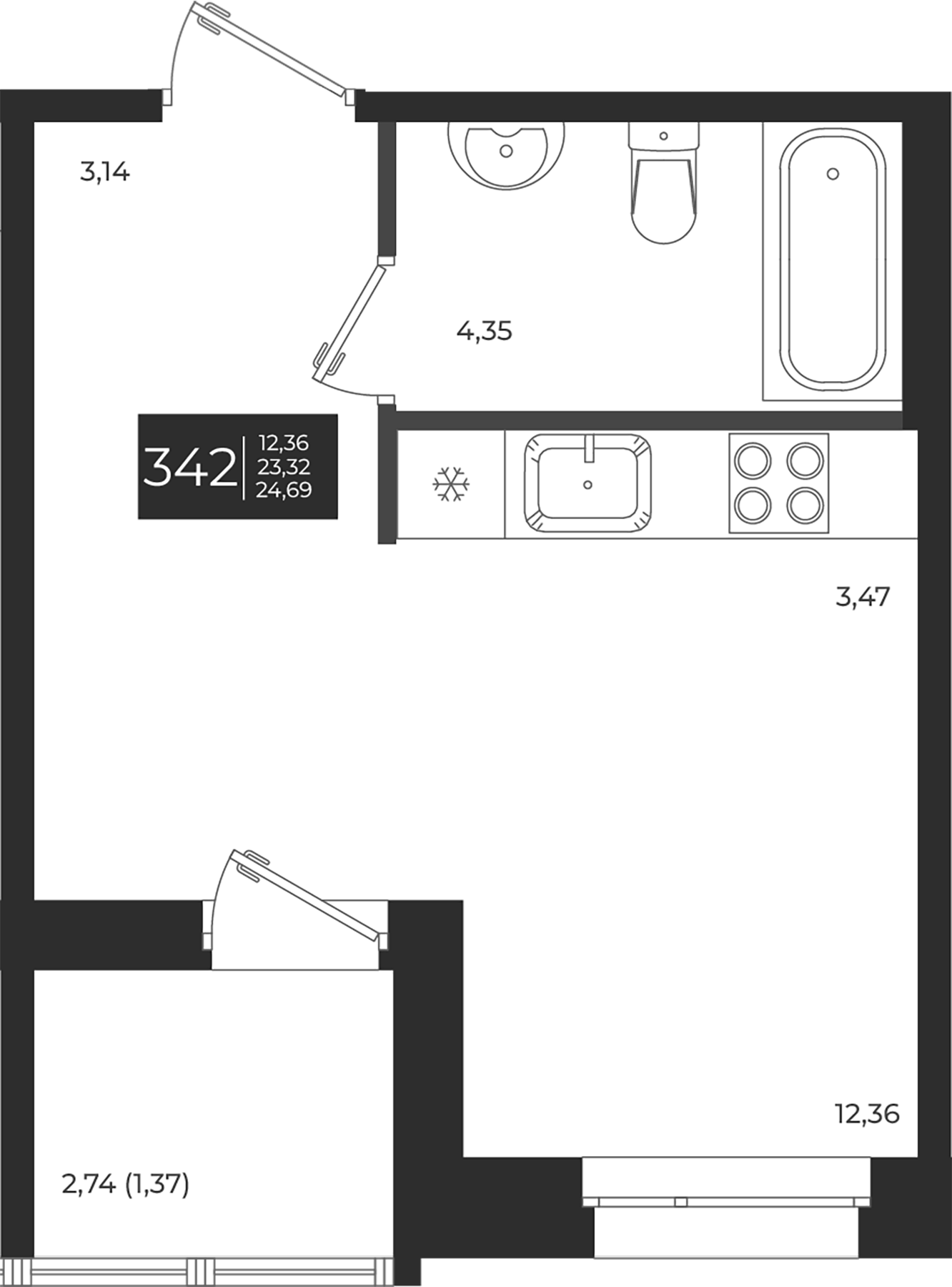Планировка — Новатория, Студия, 23 м²