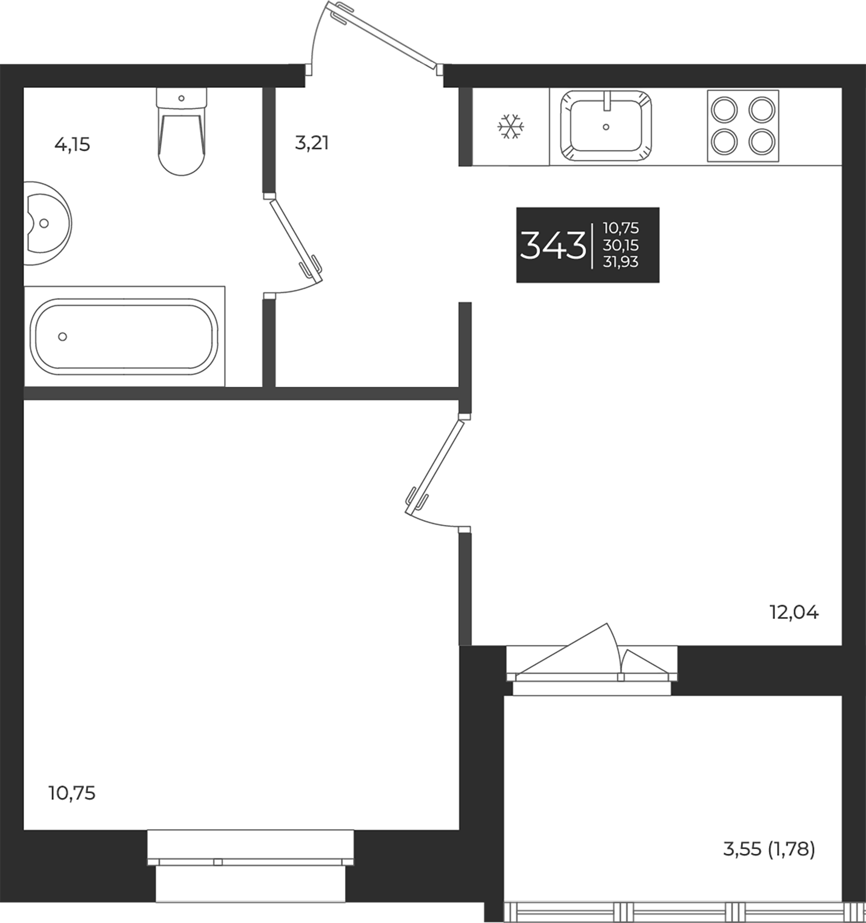 Планировка — Новатория, 1-комн., 30 м²