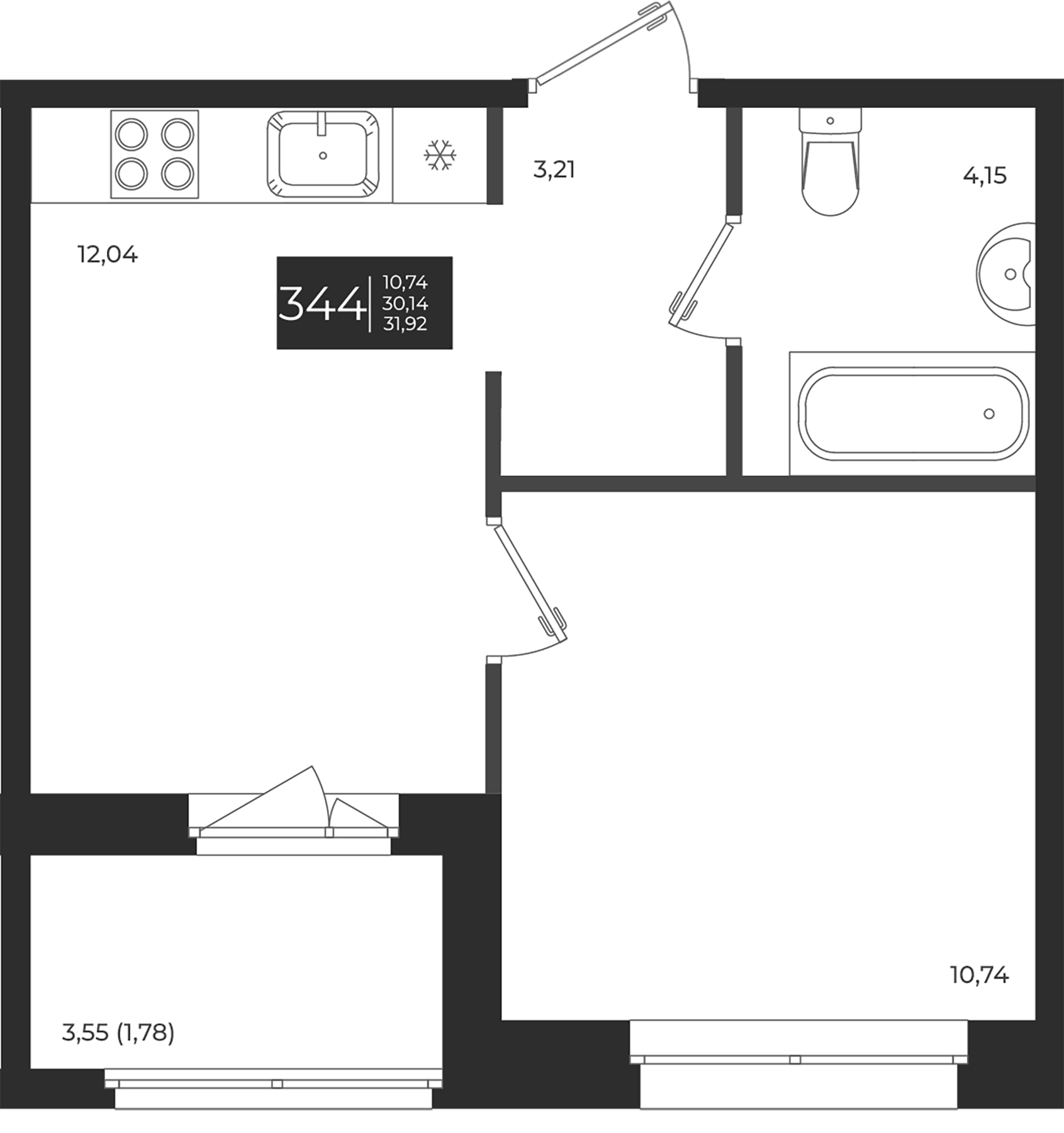Планировка — Новатория, 1-комн., 30 м²