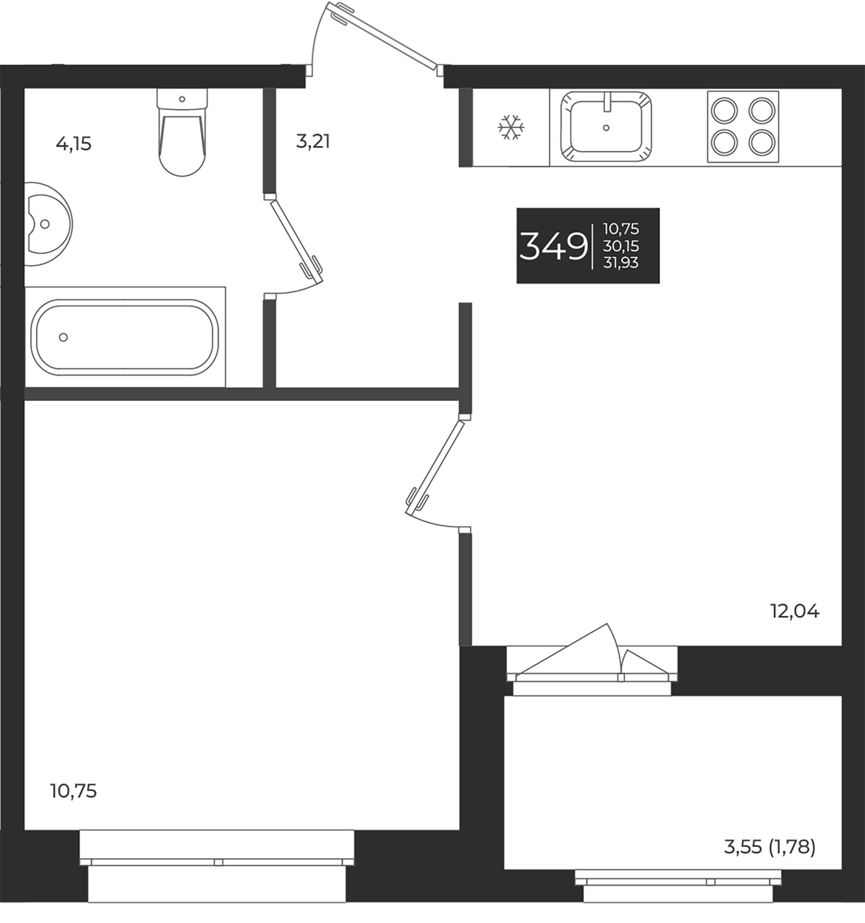 Планировка — Новатория, 1-комн., 30 м²