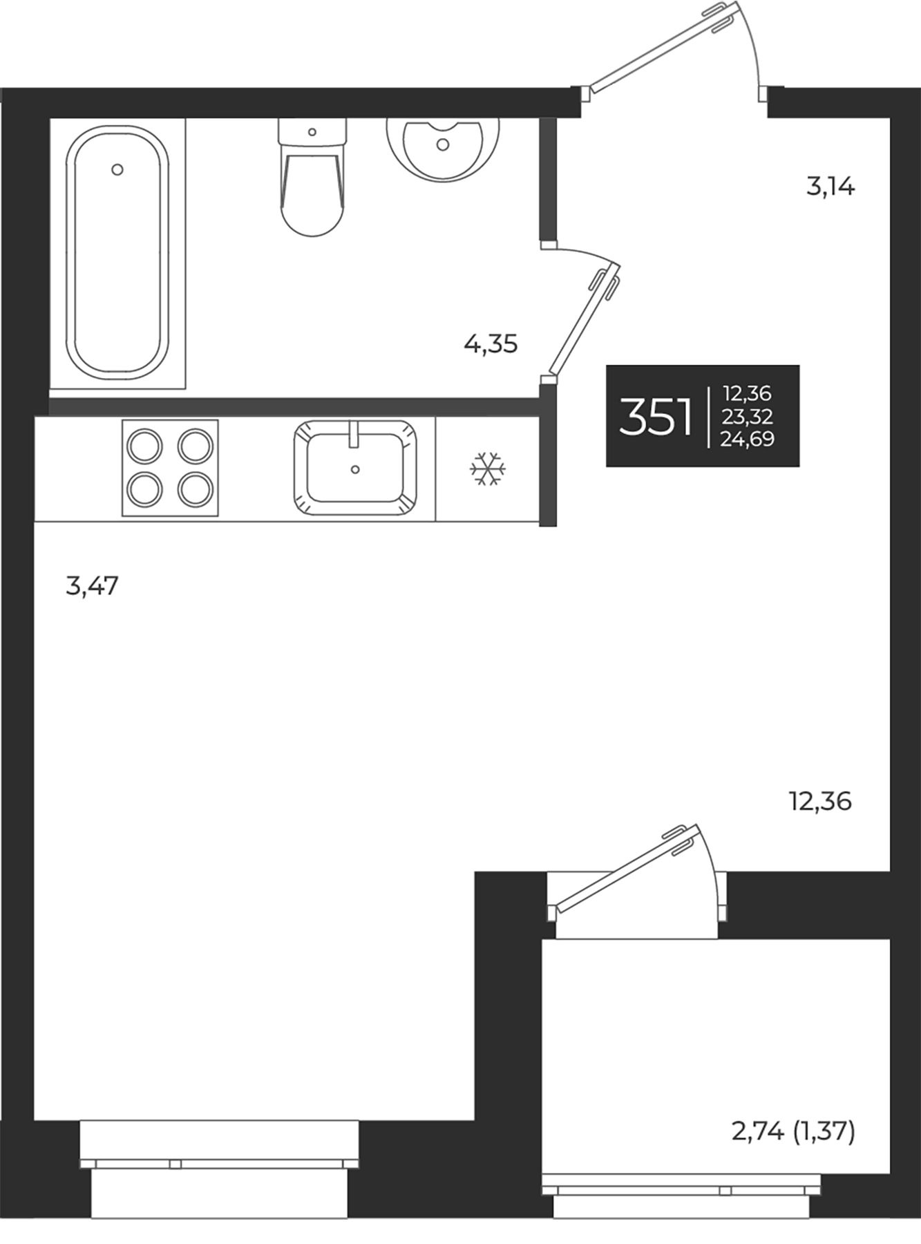 Планировка — Новатория, Студия, 23 м²