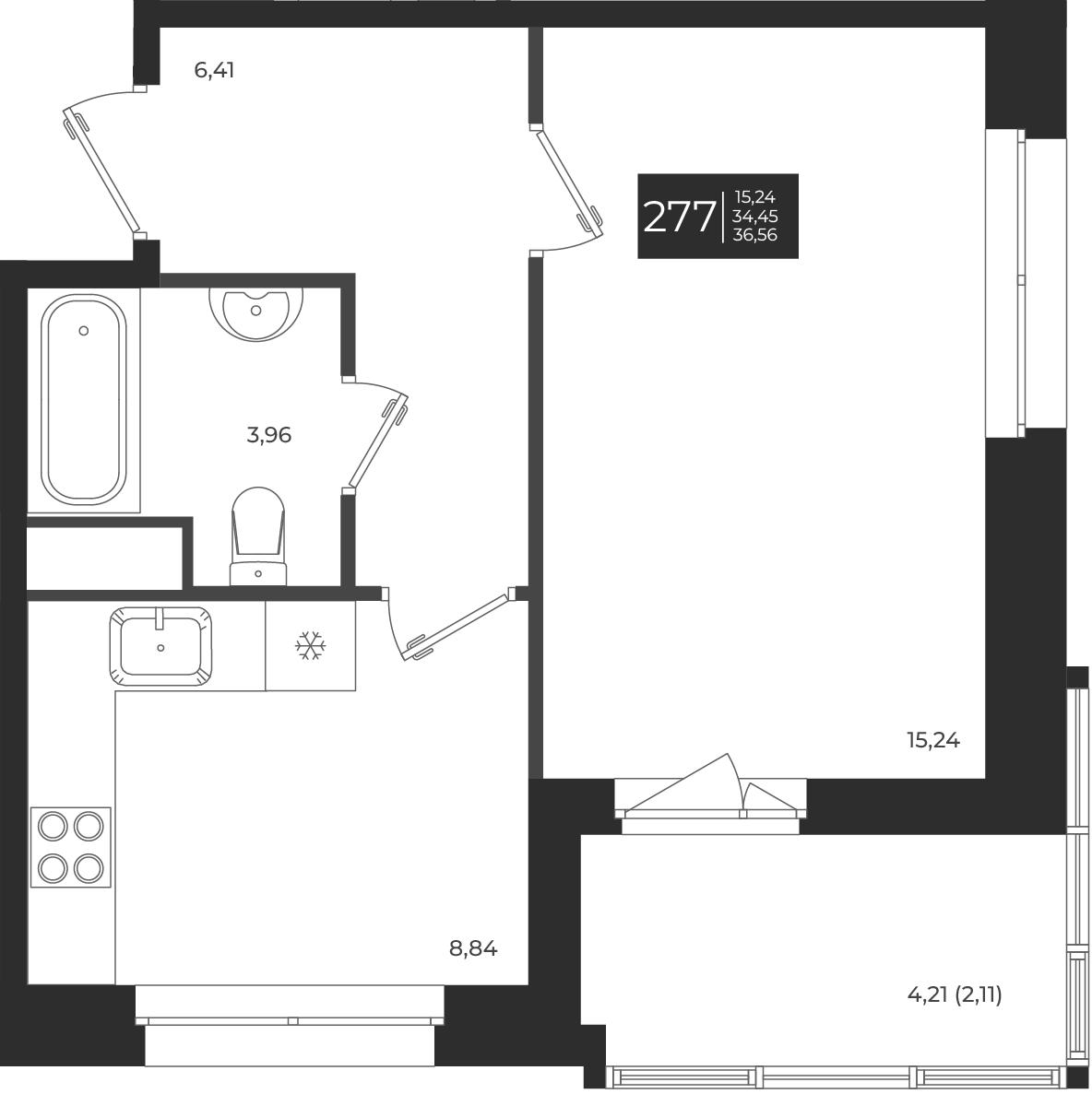 Планировка — Новатория, 1-комн., 34 м²