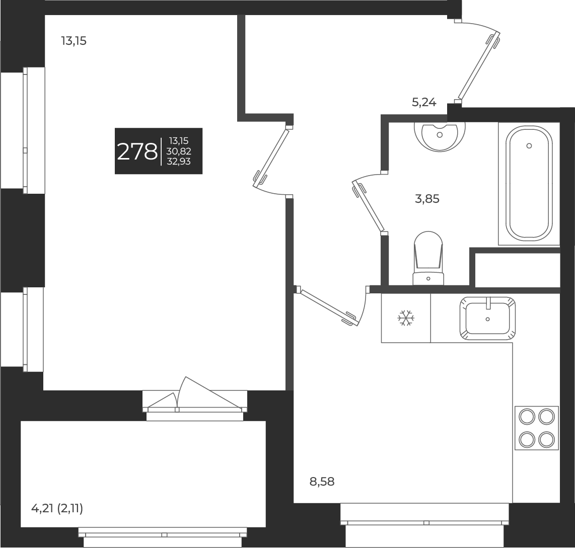 Планировка — Новатория, 1-комн., 31 м²