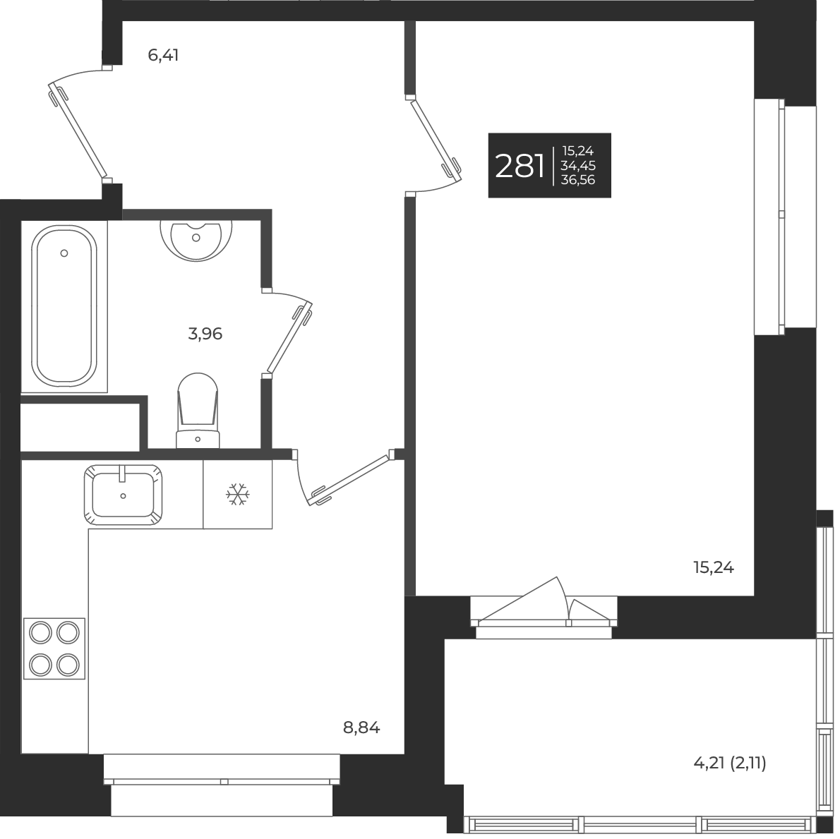 Планировка — Новатория, 1-комн., 34 м²