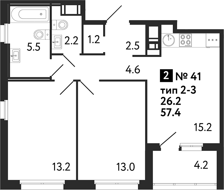 Планировка — Литера, 2-комн., 57 м²