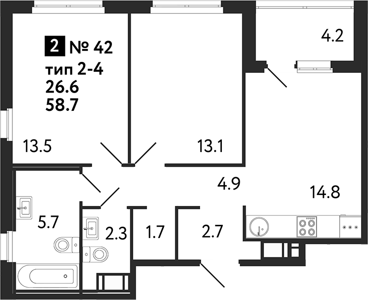 Планировка — Литера, 2-комн., 59 м²