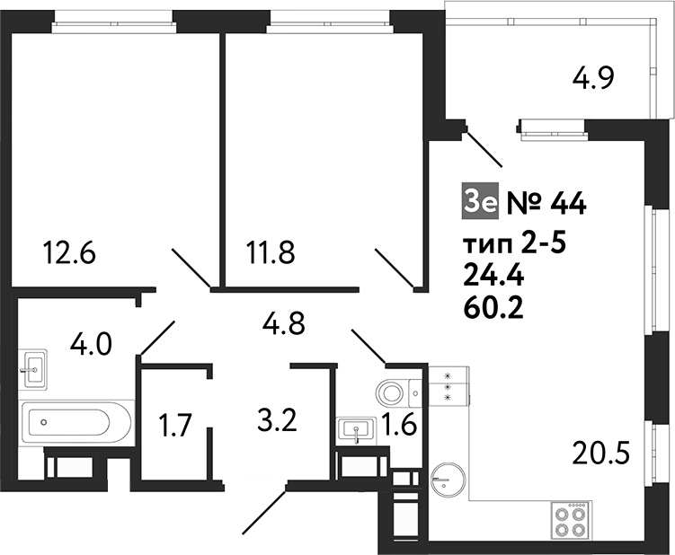 Планировка — Литера, 3-комн., 60 м²