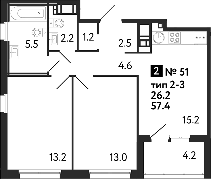 Планировка — Литера, 2-комн., 57 м²