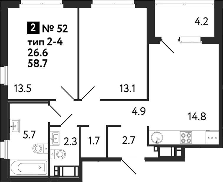 Планировка — Литера, 2-комн., 59 м²