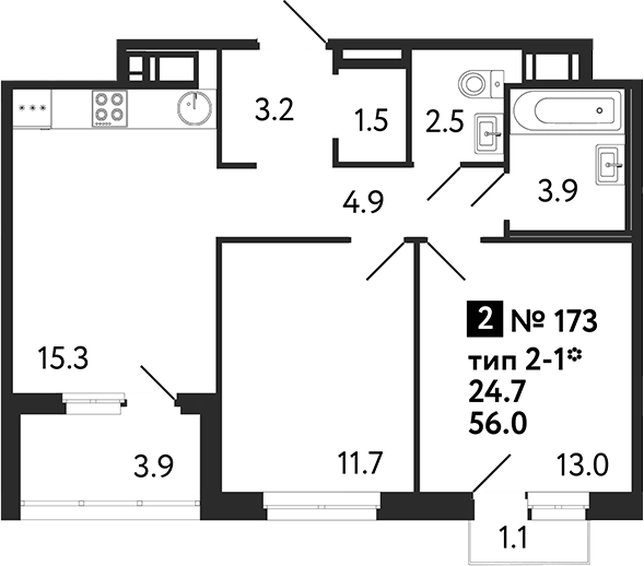 Планировка — Литера, 2-комн., 56 м²