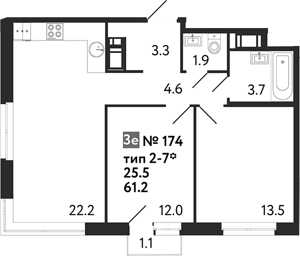 Планировка — Литера, 3-комн., 61 м²