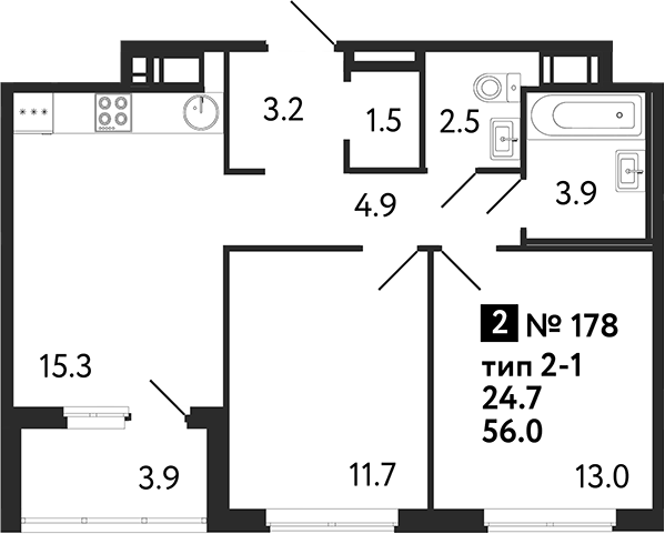 Планировка — Литера, 2-комн., 56 м²