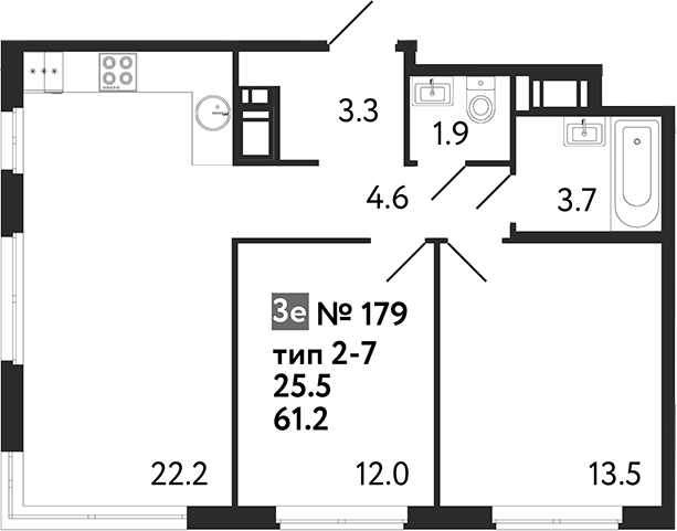 Планировка — Литера, 3-комн., 61 м²