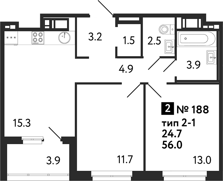 Планировка — Литера, 2-комн., 56 м²