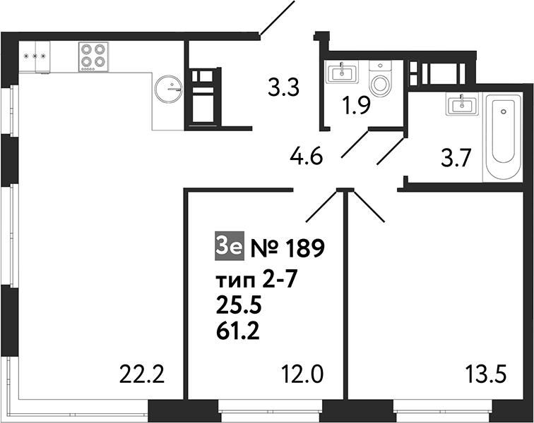 Планировка — Литера, 3-комн., 61 м²