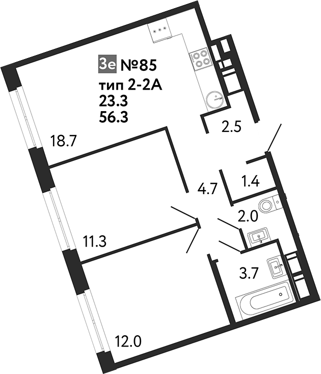 Планировка — Литера, 3-комн., 56 м²