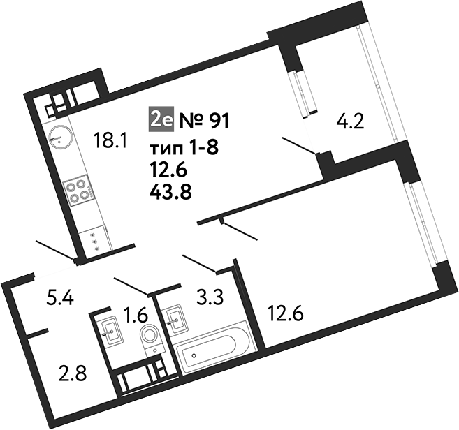 Планировка — Литера, 2-комн., 44 м²
