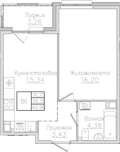 Планировка — Счастье 2.0, 2-комн., 39 м²