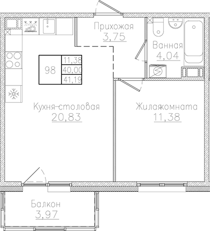 Планировка — Счастье 2.0, 2-комн., 40 м²