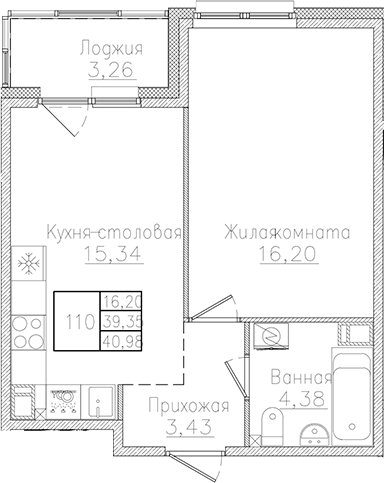Планировка — Счастье 2.0, 2-комн., 39 м²