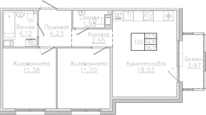 Планировка — Счастье 2.0, 3-комн., 55 м²
