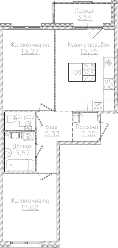 Планировка — Счастье 2.0, 3-комн., 53 м²