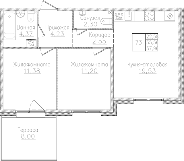Планировка — Счастье 2.0, 3-комн., 56 м²