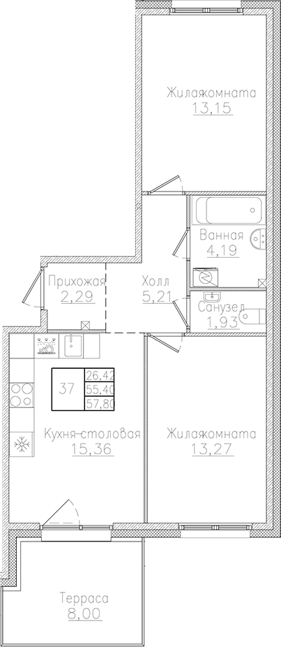Планировка — Счастье 2.0, 3-комн., 55 м²