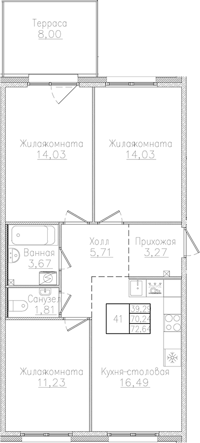 Планировка — Счастье 2.0, 4-комн., 70 м²