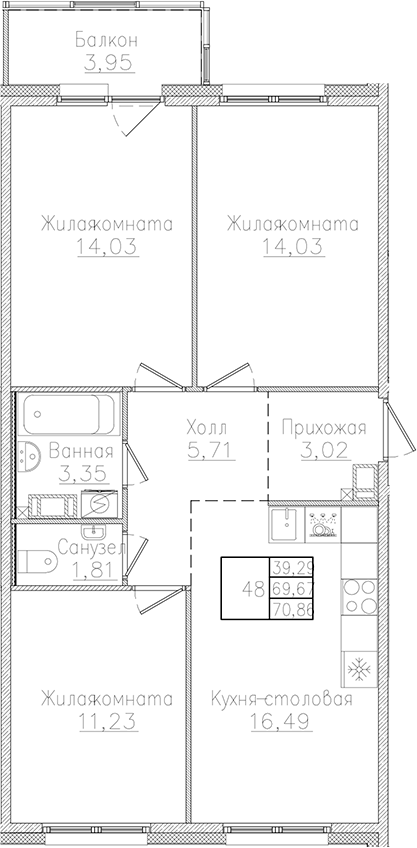 Планировка — Счастье 2.0, 4-комн., 70 м²