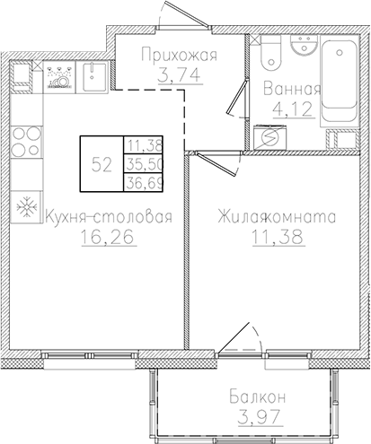 Планировка — Счастье 2.0, 2-комн., 36 м²