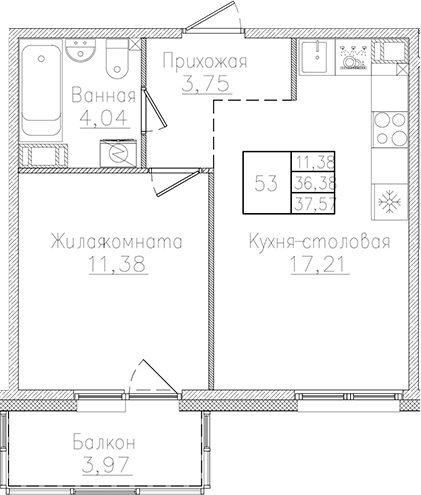 Планировка — Счастье 2.0, 2-комн., 36 м²