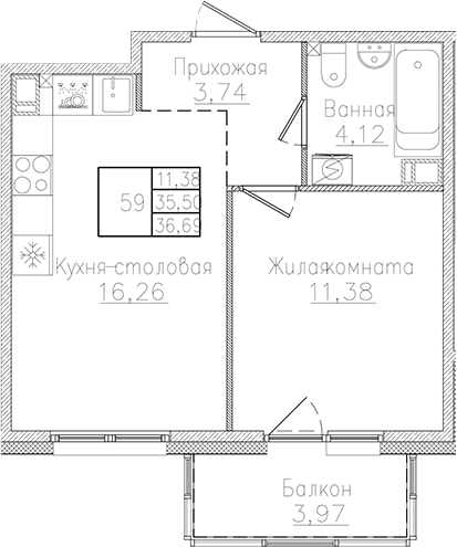 Планировка — Счастье 2.0, 2-комн., 36 м²