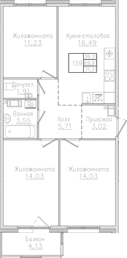 Планировка — Счастье 2.0, 4-комн., 70 м²