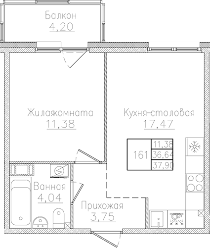 Планировка — Счастье 2.0, 2-комн., 37 м²