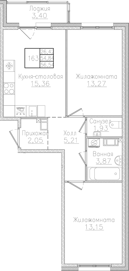 Планировка — Счастье 2.0, 3-комн., 55 м²