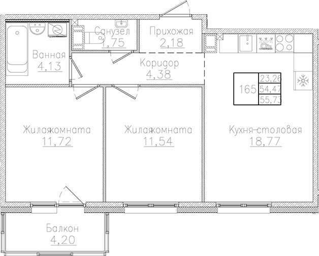 Планировка — Счастье 2.0, 3-комн., 54 м²