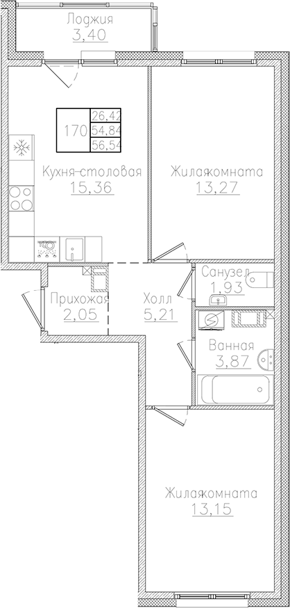 Планировка — Счастье 2.0, 3-комн., 55 м²