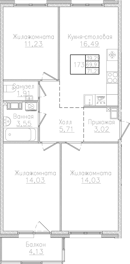 Планировка — Счастье 2.0, 4-комн., 70 м²