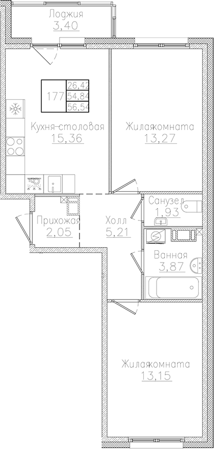 Планировка — Счастье 2.0, 3-комн., 55 м²