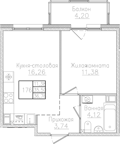 Планировка — Счастье 2.0, 2-комн., 36 м²