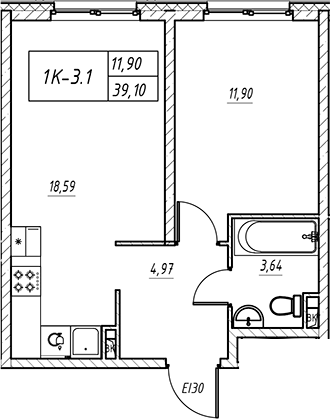 Планировка — Зум на Неве, 1-комн., 39 м²